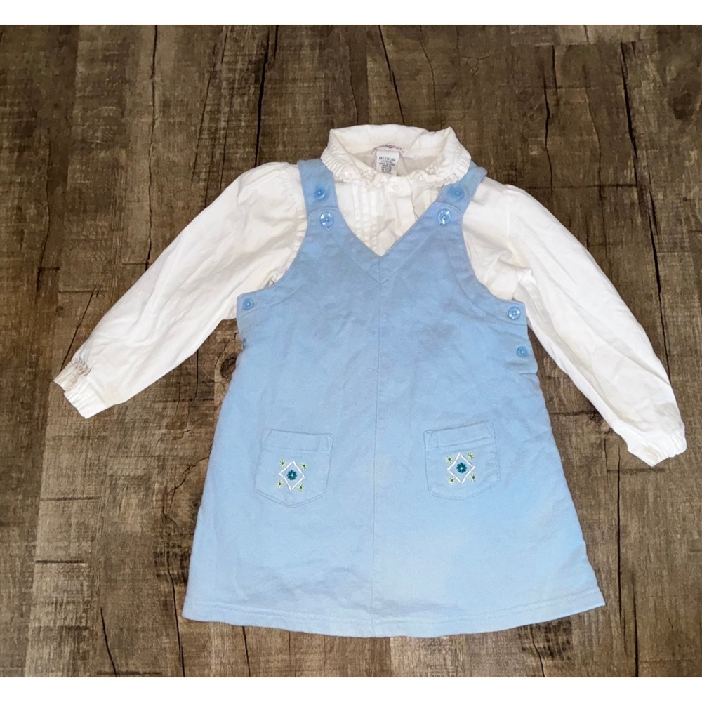 Vintage 1998 Gymboree Girls Blue Jumper Dress & White Ruffle Blouse Rainbow Tag